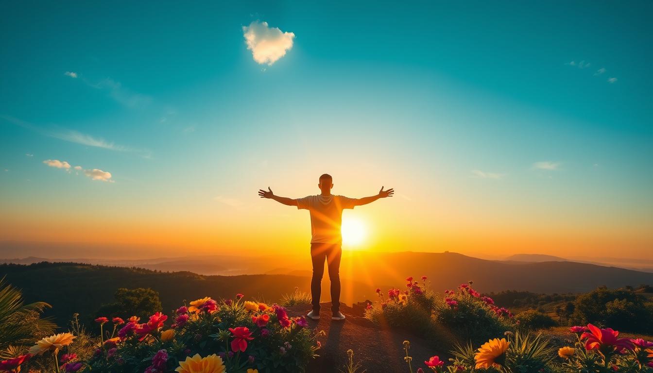Homem com os braços abertos, com o por do sol ao fundo.